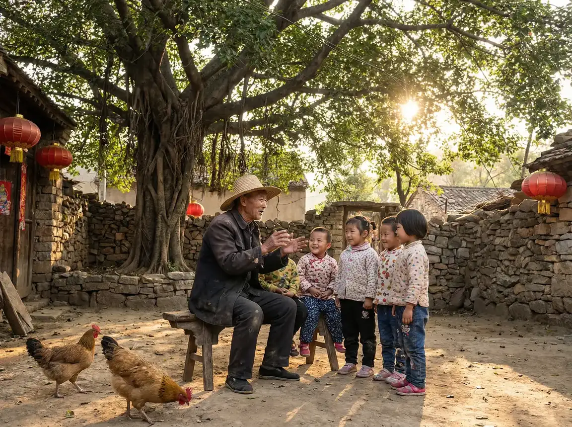 老人在大榕树下给孩子们讲故事 - 青梅竹马是消防员第2季樱花 乡村记忆